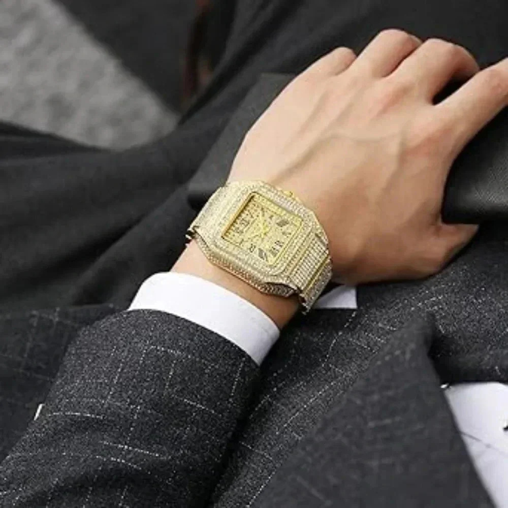Men's Crystal Watch Bling Bling Watch Rectangle Case Stainless Steel